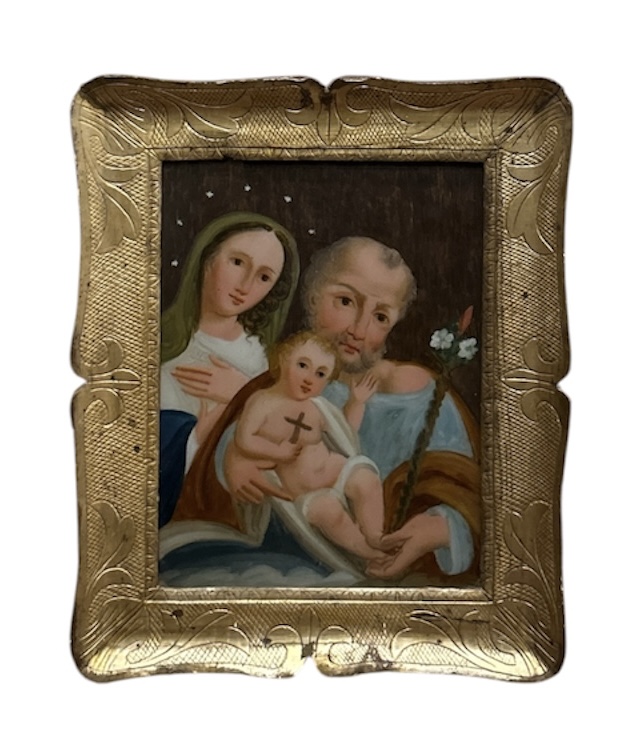 Pittura su vetro raffigurante Sacra Famiglia