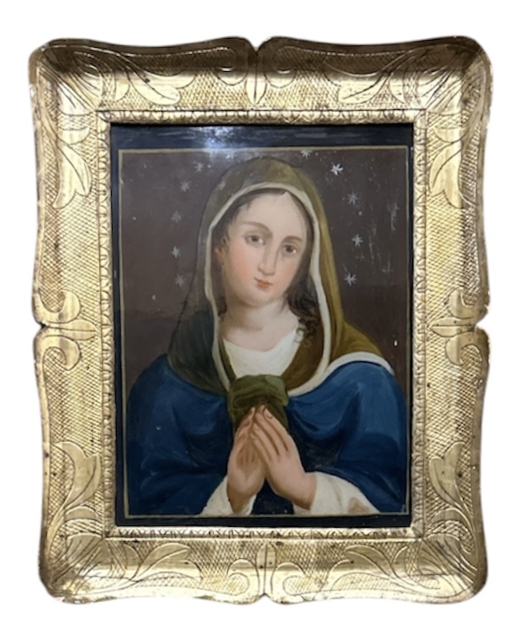 Pittura su vetro raffigurante Madonna