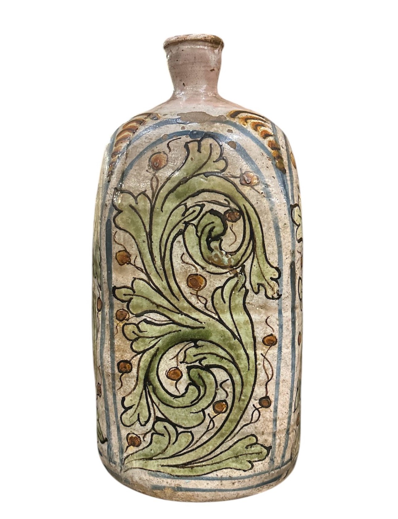 Grande bottiglia in maiolica decorata con foglia d'acanto.Caltagirone 1770